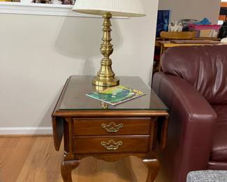 Gorgeous Traditional End Table with Glass Top : Beautiful wood construction featuring elegant style legs, single, deep drawer with hardware, and protective glass top. Perfect beside sofa or chair - both functional and sophisticated. Set of 2 matching $50 for the pair.