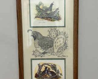17 x 9 Framed Signed Bird Print Triptych by Lynn Bean