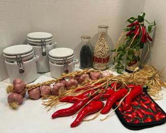 Ceramic Chili Pepper Garlic Wall Hangings, White Ceramic Canisters, More Kitchen Decor