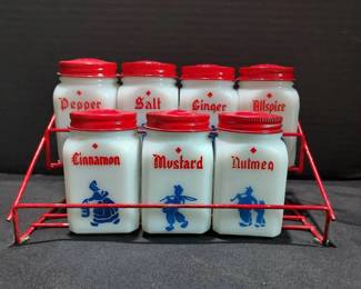 008 Vintage Hazel Atlas Milk Glass Dutch Spice Set with Rack (Set of 7)