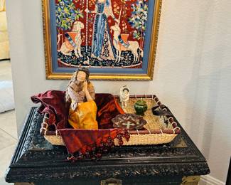 Framed Needlepoint Tapestry, "Lady and the Unicorn." 1950s. Gilt Wood Frame.