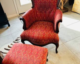 Victorian Revival Balloon-Back Armchair and Ottoman, Carved Wood.  