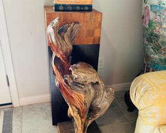 Natural Wood sculpture, 1985. Purchased in West Texas. Drifting Lovers. Table behind is Four Hands Home.  Double White Doves by Andrea.