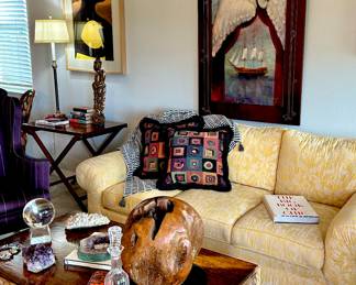 Coffee Table, Minton-Spidell, Los Angeles. 27"x48",  Large Natural Wood Sphere 15", Amethyst Slice and Cluster, Large White Quartz Cluster.