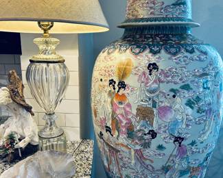 Pair of Monumental Chinese Famille Rose Urns with Foo Dog Finials.   Republic Period (1912-1940) Each urn stands about 60" tall (73" including carved wood bases). From an estate collection in La Jolla, California. 