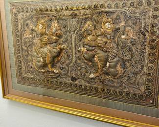 Framed Burmese Kalaga Textile. Vintage hand embroidered panel with raised metallic thread and sequins.  29x42 stunner