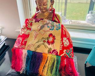 Late 19th c. Tibetan gilt-bronze Antique Buddha on Carved Wood Base. 