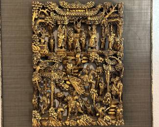 Large Chinese Gilt Wood Carved Panel, 1890-1920. 24.5"x20.5".