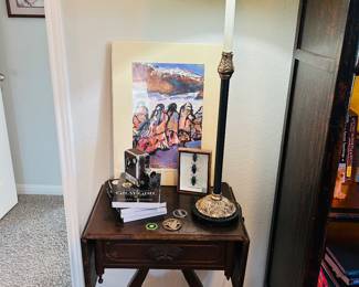 Antique Side Table. Vintage Marble Base Lamp.