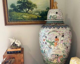 Pair of Monumental Chinese Famille Rose Urns with Foo Dog Finials.   Republic Period (1912-1940) Each urn stands about 60" tall (73" including carved wood bases). From an estate collection in La Jolla, California. 