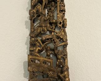 Early Chinese guilt Wood panel carving, 1920, men in battle