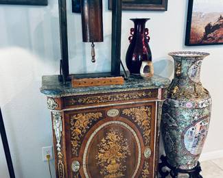 French Louis XVI Style Marquetry Cabinet with Marble Top.  Tibetan Temple Bell with Striker.  Purchased in Tibet.