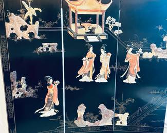 Chinese Folding Screen. Jade, Soapstone, Marble, Mother of Pearl.  