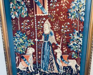 “Lady and the Unicorn” framed needlepoint tapestry. Mid-century. 24 x 20.