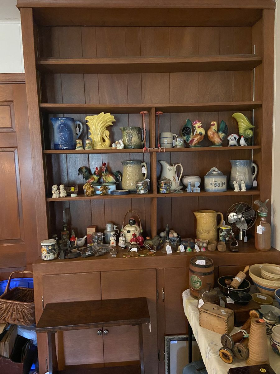 Salt Glazed Pottery , Hen/Rooster, Marbles,
Brass bells, cast iron smoothing irons, buttons