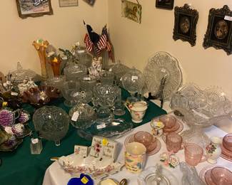 Pink depression child’s set
What nots, serving pieces, Old
Grape tea set, Vintage glass figurines that held candy