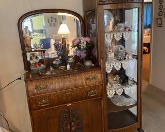 Old cabinet with beveled mirror with attached display cabinet -lots of storage-2 drawers/2 shelves behind doors