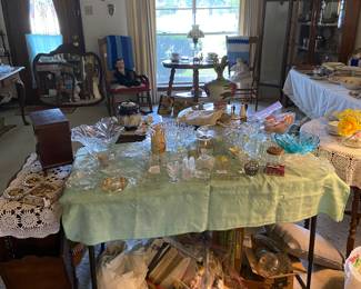 Glassware-Bowls, relish dishes, Humpty Dumpty cups, paperweights, Flower frogs