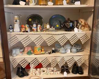 Occupied Japan Mugs, figurines, old child’s tea set in grey Enamel, vintage NOEL, old shoes from mercantile store in Wesley TX