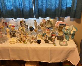 Vintage metal/mirror tray, tissue box, vintage hand mirrors, trinket boxes? Figurines, glassware