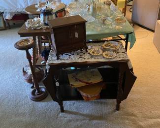 Vintage Musical Jewelry Box, Vintage Side Table with inlay on top, Sweetheart longaberger basket 