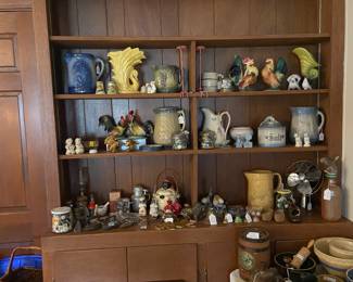 Salt Glazed Pottery , Hen/Rooster, Marbles,
Brass bells, cast iron smoothing irons, buttons