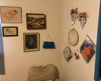 Old baby prints, needlepoint, wall pockets 