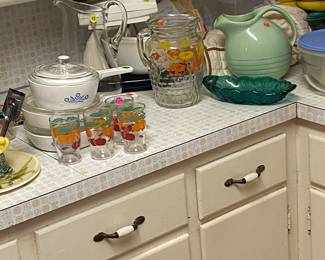 Corning Ware, vintage pitcher, glasses, Dormeyer Working Mixer