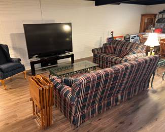 Plaid and Green Furniture, Green Wrought Iron Tables, Set of TV Trays, Mitsubishi Electric #WD-65738 65” TV, Blk/Glass TV Console