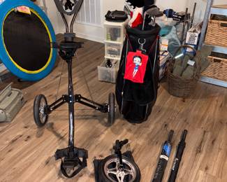 Bag Boy Express LS Cart w/Accessories, Turbo Power Golf Club 12 Pc Women’s Set With Bag Boy Bag, Armour Golf Umbrella  , Findley Davies Toledo Inverness Golf Umbrella!


