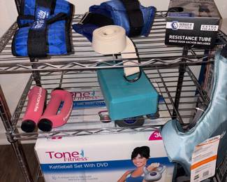 Tone Fitness Kettlebell Set with DVD, Gaiam Yoga Block & Strap, Vtg. HeavyHands Red Dumbbell 1 lb. Aerobic Weight Set, All Pro Contour Foam Weight Adjustable Ankle Weights, Ankle Weights!