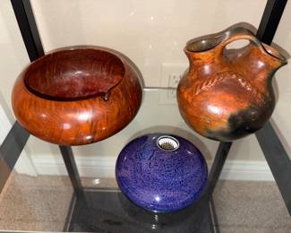 Vtg California Redwood Turned Bowl, Glazed Art Frog Pottery Signed, Native American Wedding Jug!
