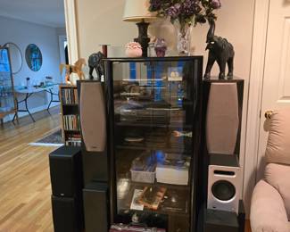 Sound system cabinet and a variety of electronics and speakers