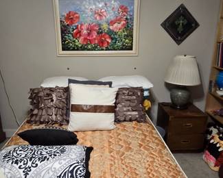 Full sized mattress and box spring with bed-frame, nightstand by Bernhardt, lots of decorative pillows, linens, comforters, lamps, etc