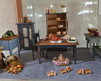 Country Kitchen Thanksgiving complete with ham and turkey, veggies, and pies! Furniture labeled CJ's. Sold as a complete room with a 6-sided acrylic display case.