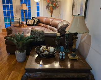 Beautiful - NEW WITH TAGS - leather sofa with 2 ottomans and a large wooden coffee table