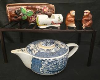 Made in Japan pottery - planter/toothpick holder/money salt & pepper shakers, along with a Currier & Ives vintage tea pot