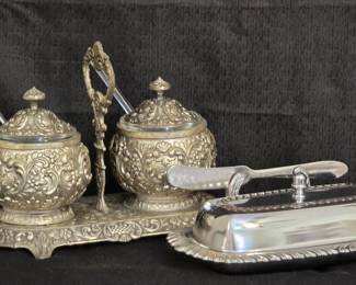 vintage metal-clad serving set, and a chrome butter dish with knife