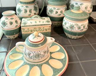 Pfaltzgraff dish set with lots of extras! Egg tray, teapot, canisters, and more!