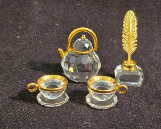 Swarovski miniature crystal - teapot with 2 cups, and ink well with removable feather