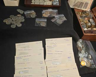 COINS: 1837 Feuchtwanger’s Cent
1876 Canadian Cent
1897 Victoria Half-Penny
1897 Victoria Penny
1911 French 5 Centimes
1919 Canadian Penny
1796-1807 US Large Cent
1875 Indian Head Penny
1856 Napoleon III 5 Centimes
1868 Farthing
1878 Farthing
1902 Great Britain One Penny
1912 Great Britain One Penny
… and many more