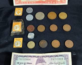 1936 Central Bank Of China Bank 1 Yuan Note, Pakistan 5 Rupees Bank Note, And Middle Eastern And Asia Coin Collection, Qty 16