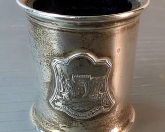 Hallmarked English Sterling Silver Collection Including Mustard Pot With Spoon And Blue Glass Liner, Salt Pot With Blue Glass Liner, And Sugar Tongs
