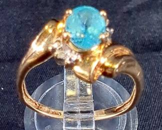 Ladies 10k Blue Topaz And Diamond Ring, Size 7