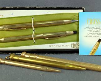 Cross 12K Gold-Filled Pen And Pencil Set, In Original Box, Signet Gold Filled Pencil, Shur-Rite Gold Filled Pencil, And Superite Jr Gold Filled Pencil