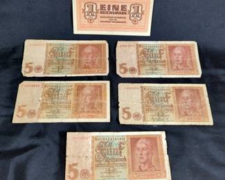 Germany 5 Reichsmark Bank Notes, Qty 5, And 1942 Germany 1 Reichsmark Bank Note