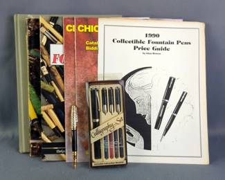 Sheaffer Calligraphy Set, Fountain Pen Style Brooch, And Pen Collection Books