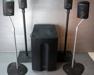 Infinity Surround Sound System And Subwoofer With Sanus And Atlantic Speaker Stands