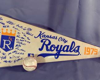 Bruce Chen Autographed Baseball, 1979 Kansas City Royals Stamped Signature Pennant, And Stamped Autograph Baseball