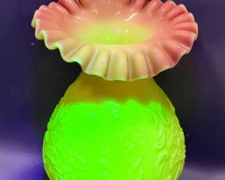 Uranium Glass Tulip Vase With Floral Motif, Ruffled Rim
